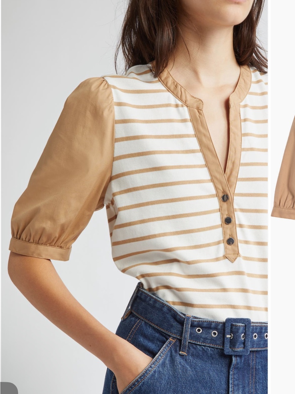 Veronica beard Kellie top Striped Puff-Sleeve Henley Top - Camel & White XS